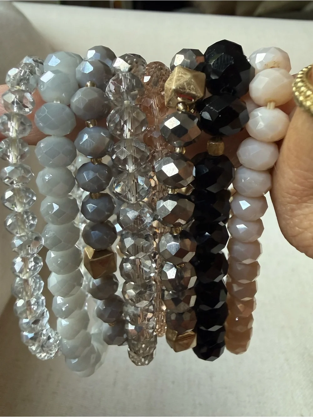 7 Neutral Faceted Stackable Bracelet Set - Cream, Black & Gray